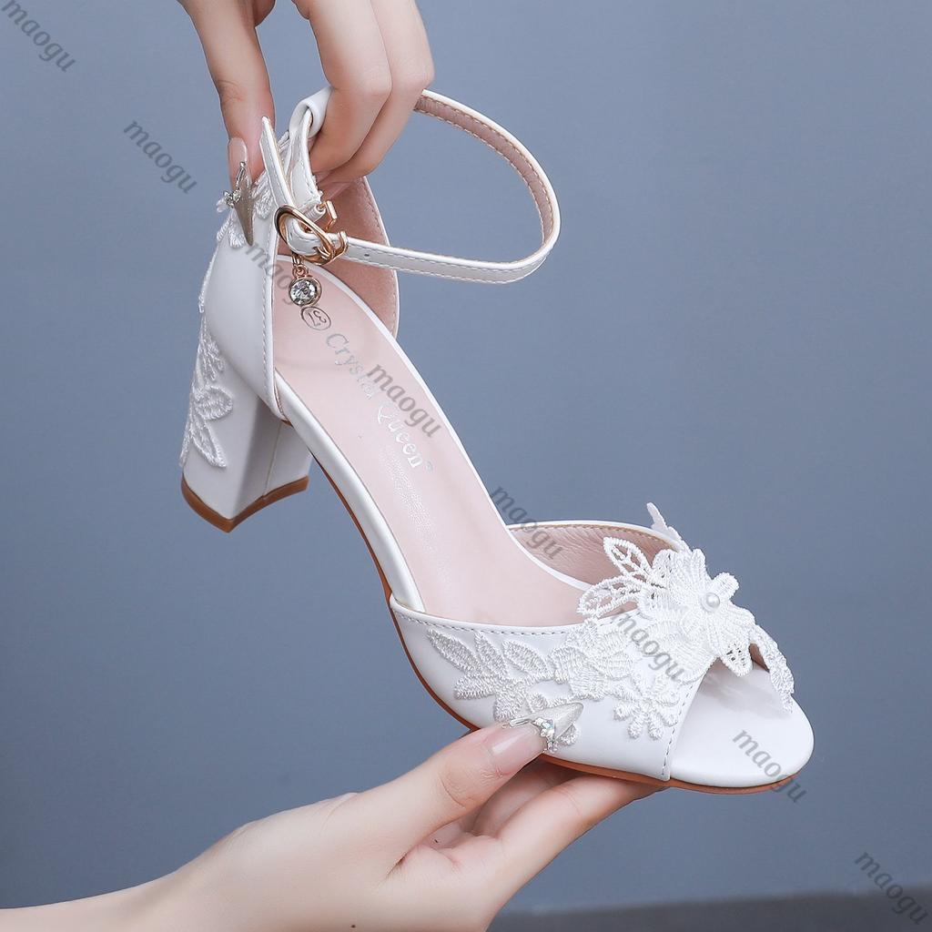 Schuhe Damen 7CM Weiß Spitze Perlenband Quadratischer Absatz Hohe Absätze Damen Sandalen mit Offener Zehenpartie Bankettkleid Damen Brautschuhe