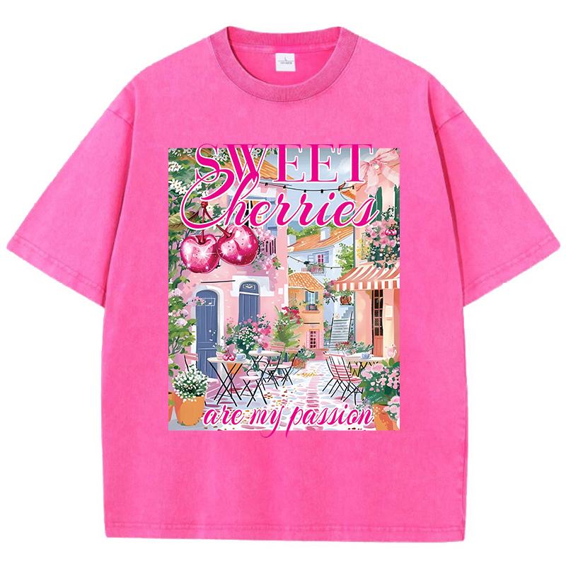 

Sweet Cherres Are My Parrion Prints Washed TShirt Women Cotton T Shirt Distressed ONeck Comfortable Tops Summer Womans Clothes S