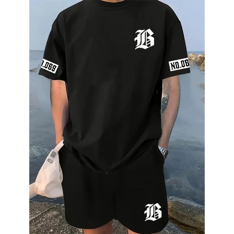 Neues Sommer Herren Zweiteiler Hip Hop Print Rundhals T-Shirt Lässiger Mode Stil Anzug Atmungsaktiv Kurzarm Shorts