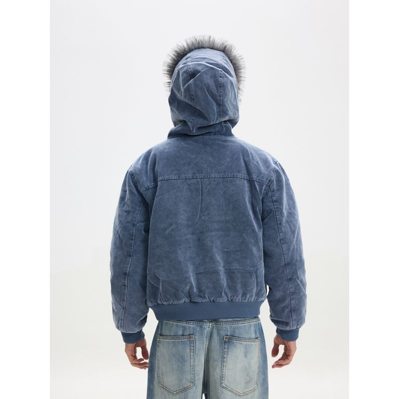 Cabbage Coke American Retro Style Mountain Carving Fur Collar Short Cotton Jacket Winter Distressed Hooded Padded Coat for Men and Women