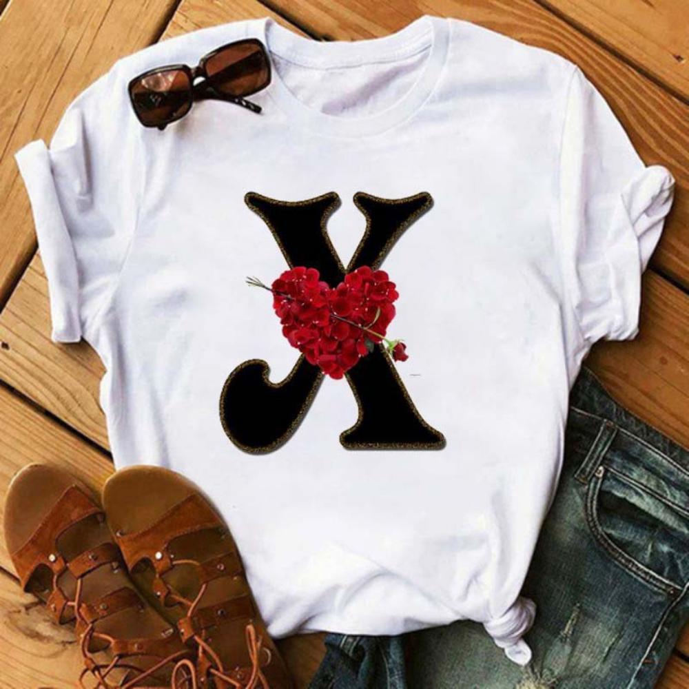 Rose ABC Alphabet Graphic Print White Tee Women Casual Loose Oversize Shirt Top Daily Wear Durable Plus Size Short Sleeve