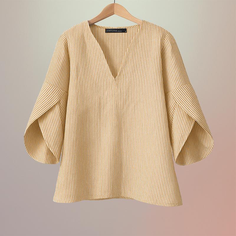 ZANZEA Women Casual V-Neck 3/4 Sleeve Loose Stripe Blouse