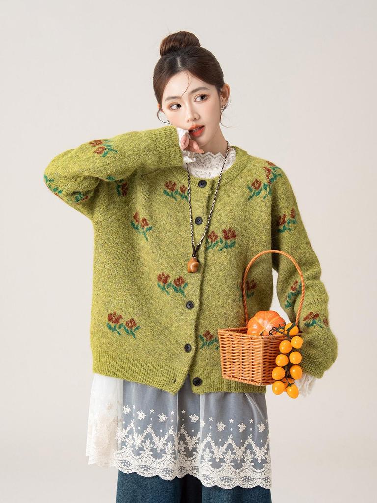Retro Floral Jacquard Round Neck Knit Cardigan - Women's Autumn/Winter Loose Fit Long Sleeve Sweater