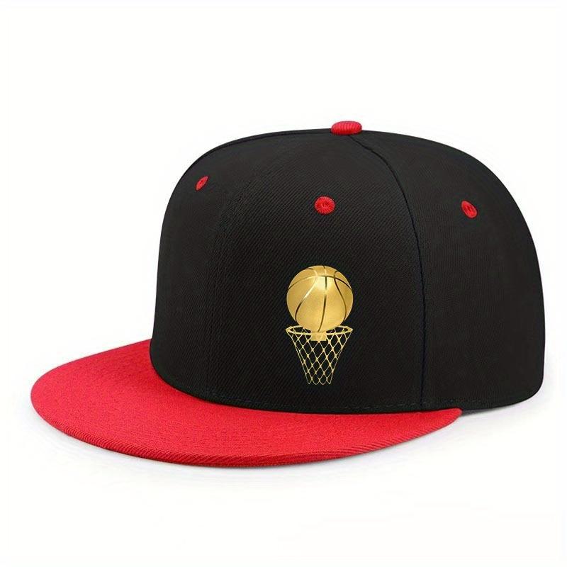 Gold Basketball Hoop Logo Flat Brim Snapback Hat Polyester Adult Unisex Outdoor Casual Cap
