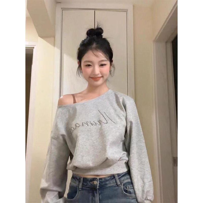

American-Style Sexy Gray Shoulder Sweatshirt Women s Spring & Fall Thin Comfortable Loose Short Long Sleeve off-Shoulder Tops Grey 2XL([Recommended 65.00 kg-75.00 kg]])