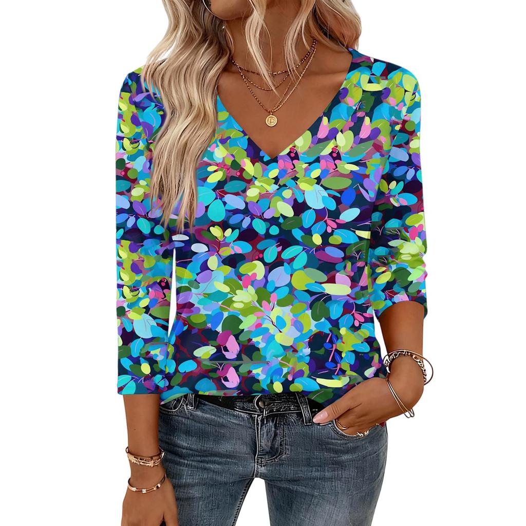 3/4 Length Sleeve Womens Tops V Neck Shirt  Casual Blouse Basic Tshirts