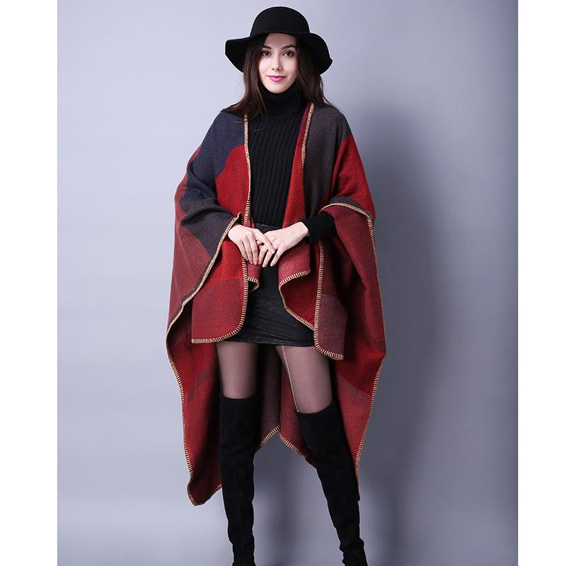 Versatile Plaid Women's Faux Cashmere Shawl: Ethnic Style Slit Cape for Autumn/Winter