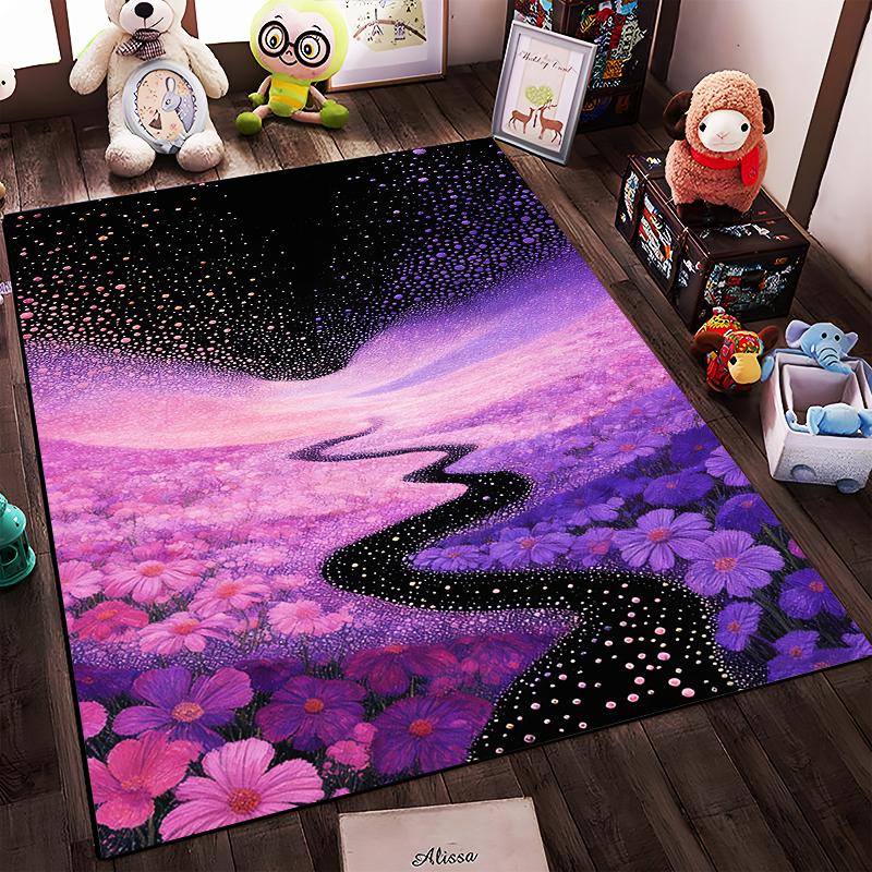 Colorful Purple Starry Night Sky and Floral Pathway Area Rug Suitable for use as an anti-slip for living room bedroom sofas