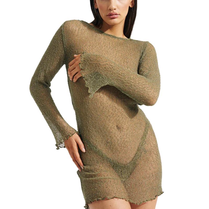 

Женское вязаное крючком платье с длинными рукавами и открытой спиной, длинное платье с рюшами, пляжное вечернее платье M зелёный