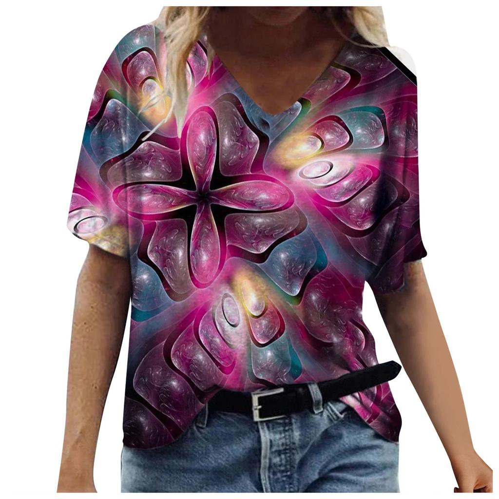 Sommer Graffiti Blume 3D-gedrucktes Kurzarm Damen V-Ausschnitt Buntes Lässiges Vielseitiges T-Shirt