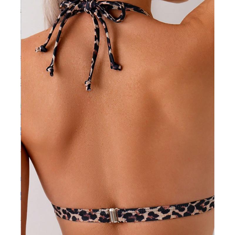 Bikini Sexy Nero con Stampa Leopardo Donna Doppia Spallina Push Up Perizoma Costume da Bagno Costume da Bagno per la Spiaggia
