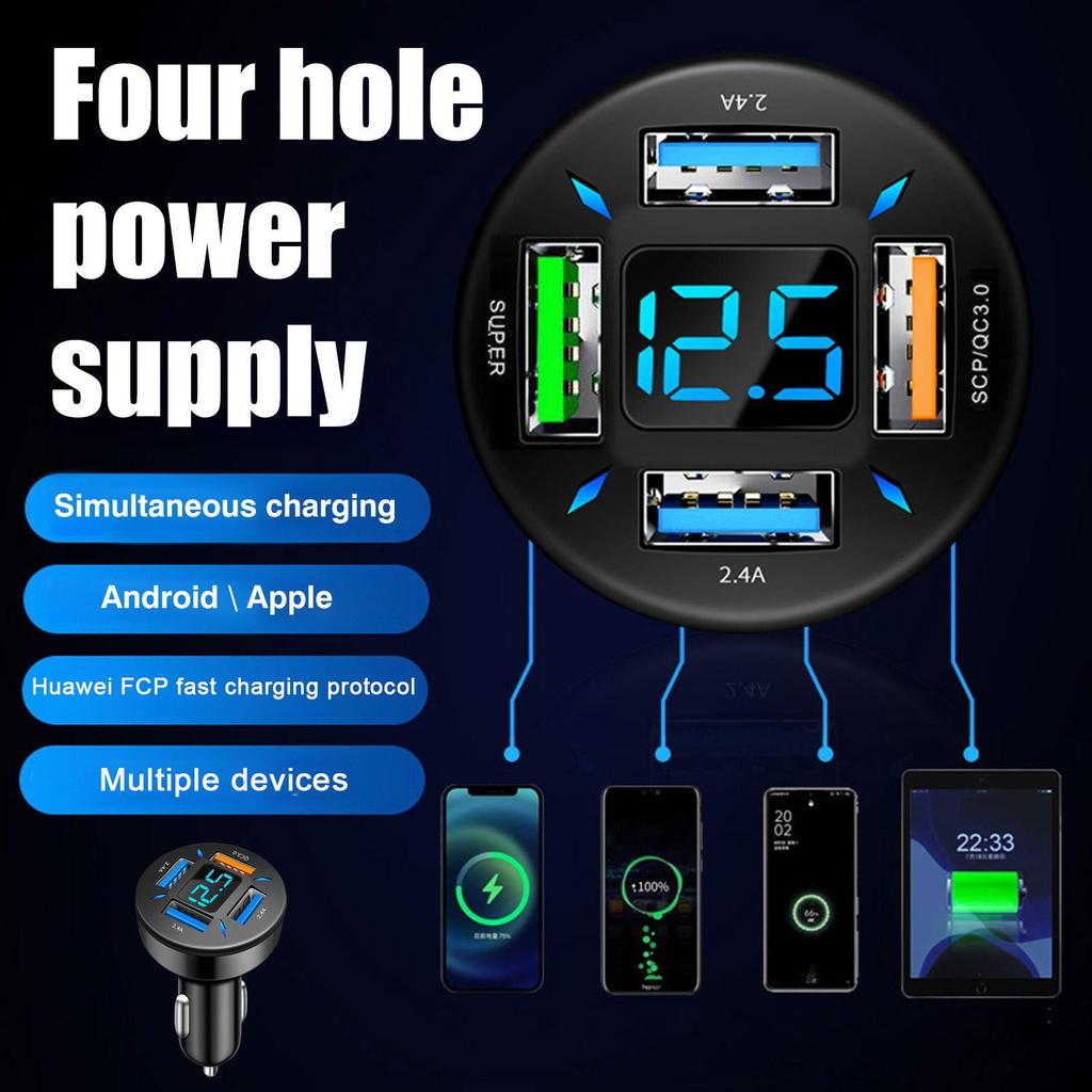 66W Car Charger Quick Charge Cigarette Lighter Adapter 4-Port USB A+USB C Fast Charging Phone Charger For IPhone