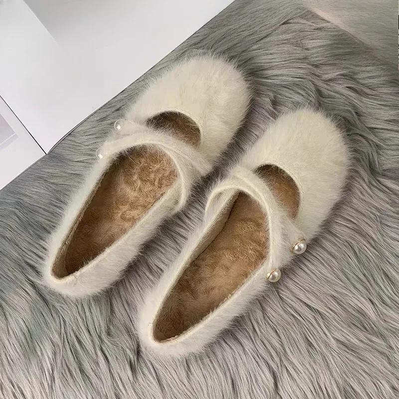 Scarpe pelose autunno e inverno nuove punta rotonda scollo basso perla cinturino unico suola morbida antiscivolo scarpe Mary Jane