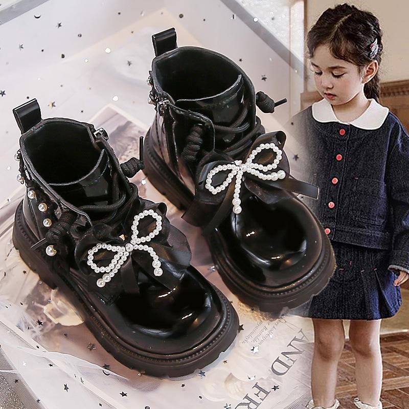 Botines Lisos de Niña Otoño Nuevo Flor de Perla Lazo Lindo Botas Martin de Princesa Botas Individuales
