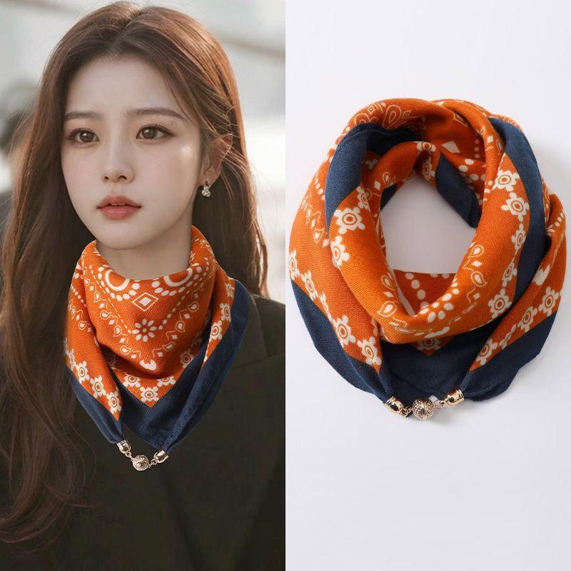 2025 New Fashion Magnetic Button Silk Scarf Women Small Square Scarf Autumn Winter Warm Anti Cold Scarf