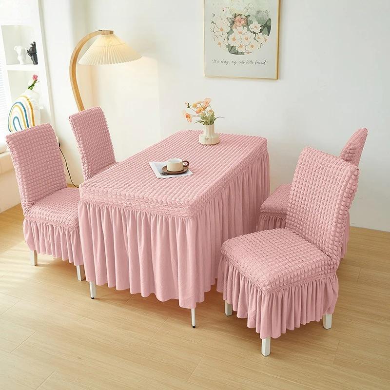 French Style Seersucker Table Cloth with Skirt Stretch Rectangular Anti-Dust Dining Table Cover Removable Washable Home Decor