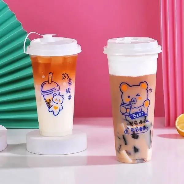 100pcs Disposable Printed Milk Tea Cups 90 Caliber 700ML Beverage Juice Cup Transparent Food Grade Plastic U-shaped Beverage Cup Only cup   500ml