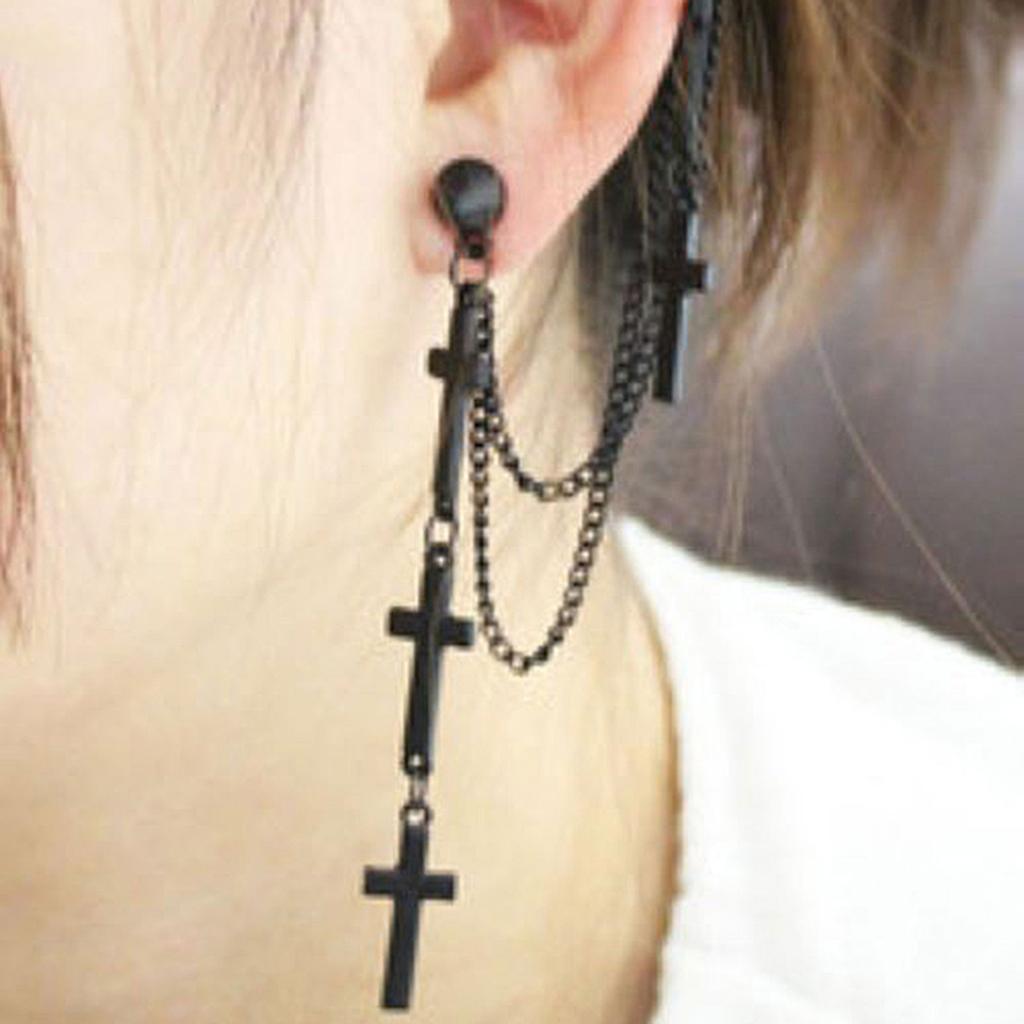 Gothic Punk Cross Lång Tofs Kedja Ear Cuff Stud Clip Örhängen Modesmycken