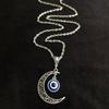 Gothic Trend Sliver Color Hollowed-out Lacework Crescent Moon Circle Evil Eye Pendant Necklace for Women Men Amulet Jewelry Gift