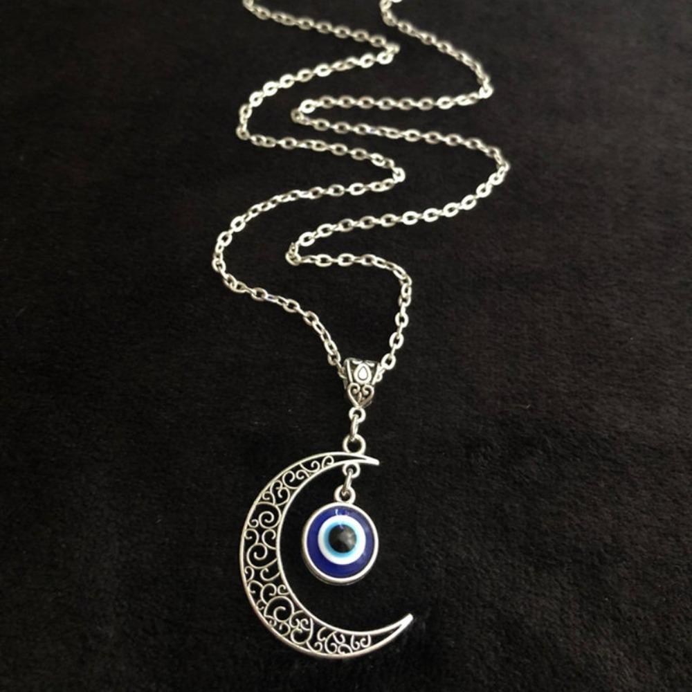 Gothic Trend Sliver Color Hollowed-out Lacework Crescent Moon Circle Evil Eye Pendant Necklace for Women Men Amulet Jewelry Gift