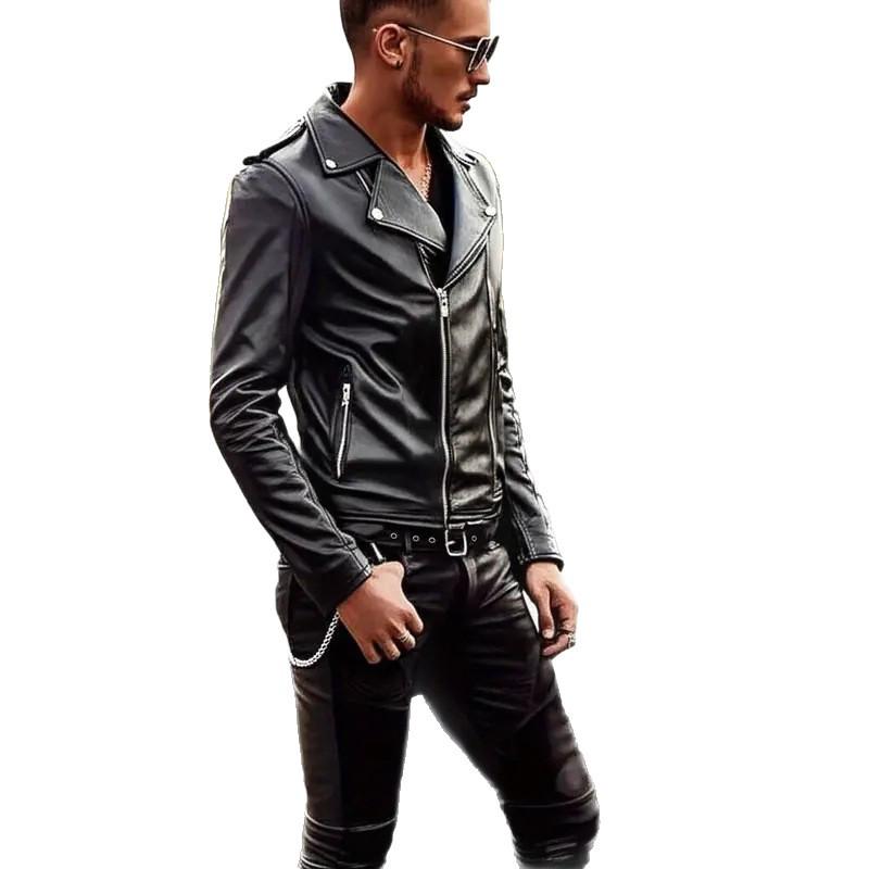 Men's PU Leather Motorcycle Jacket - Stylish European-American Streetwear with Functional Zipper.