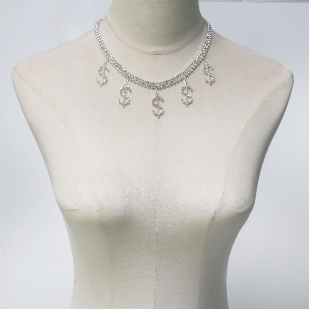 European And American Jewelry, Hollow Rhinestone Dollar Necklace, Hip-Hop Fashion Pendant, Neck Chain, Collarbone Chain, Unisex.