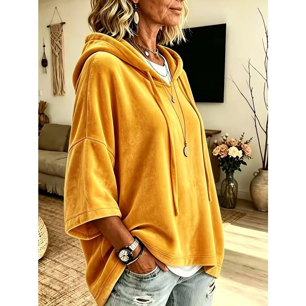 Damska gładka welurowa bluza z kapturem i rękawem 3/4, casualowy top hoodie na jesień zimę