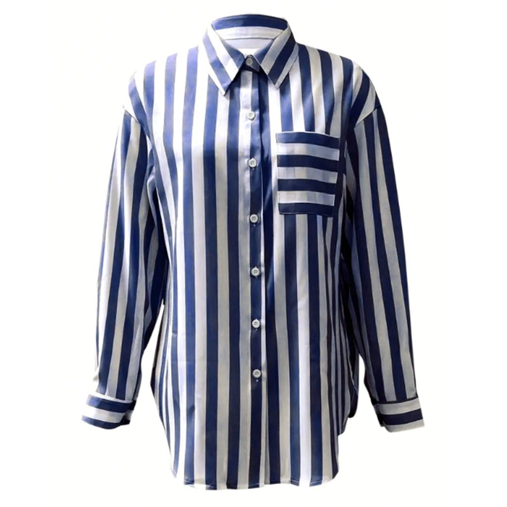 Women's Casual Loose Striped Top Long Sleeve Shirt With Pockets