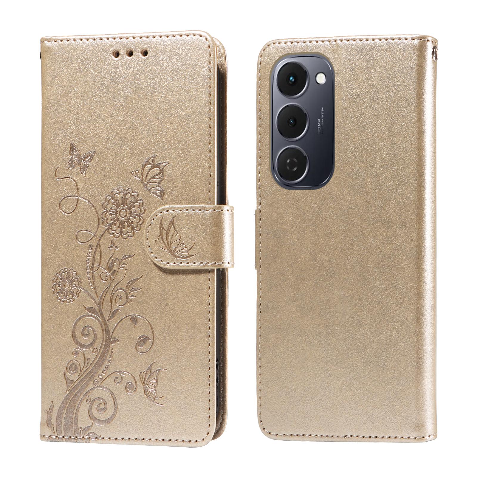 

Для TECNO Spark 40 Pro+ 4G Кожаный чехол Бабочка Цветочный оттиск Кошелек Подставка Чехол Golden