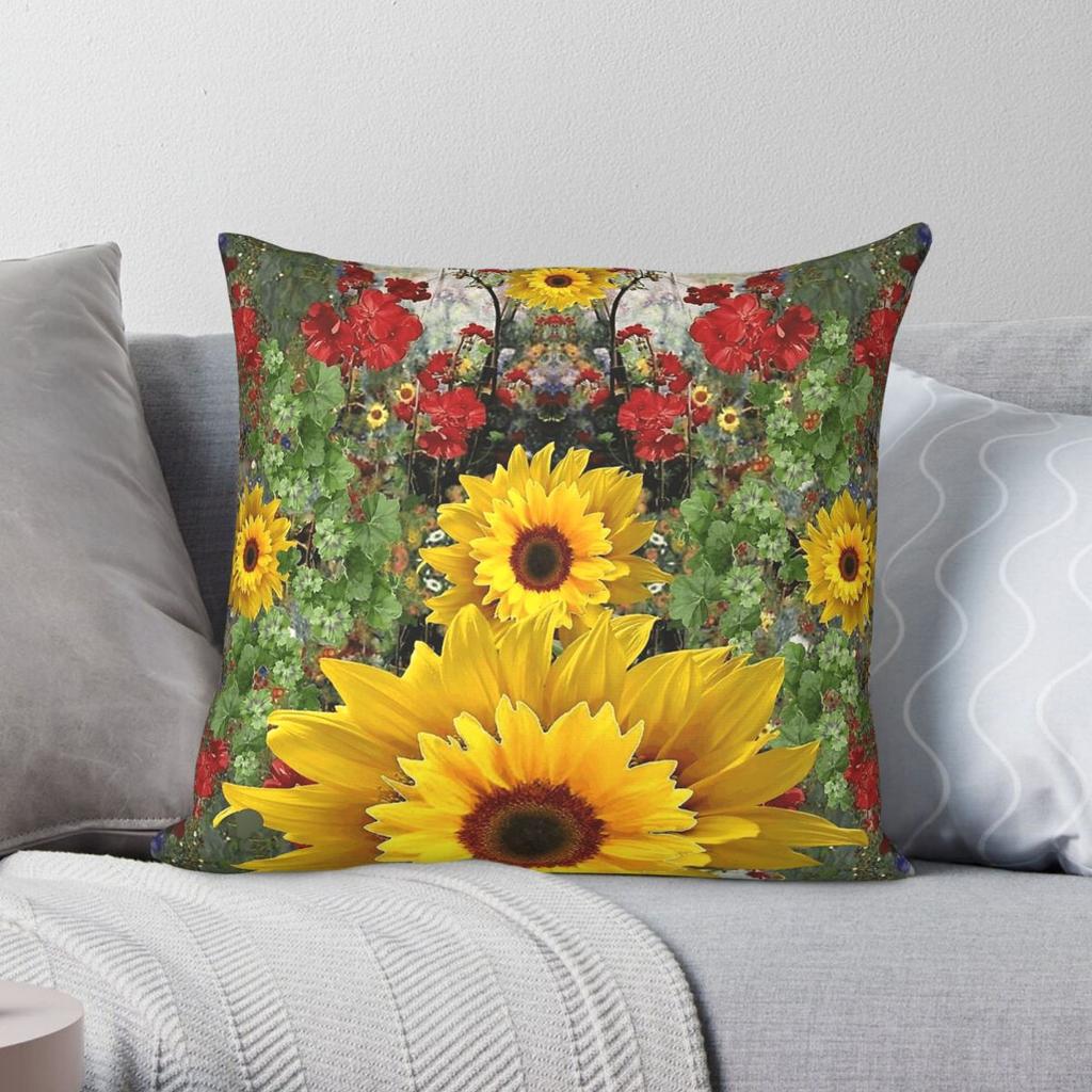 Sunflowers Geraniums Garden Square Pillowcase Polyester Linen Velvet Creative Zip Decor Throw Pillow Case Home Cushion Cover