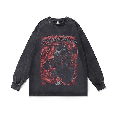 Dark Cartoon Direct Injection Printing Washed Long-Sleeved T-Shirt Men'S And Women'S American Retro Bottoming Shirt Top