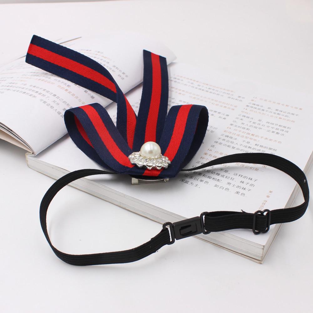 Stil coreean Fete Academie Guler în dungi cu floare de perle Fundă cu strasuri - Femei TS184