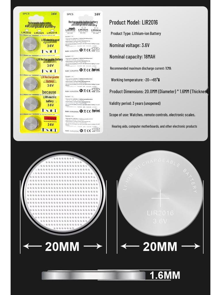 Rechargeable 3.6V LIR2032/2025/2016 Button Batteries for CR Car Key Remote Control