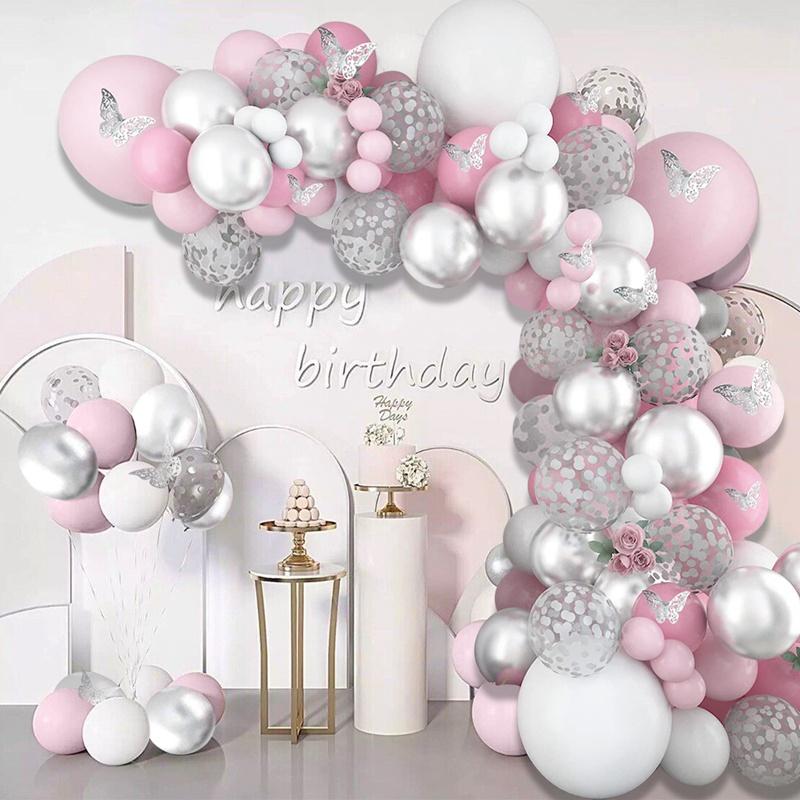 98pcs Pink Silver Butterfly Balloon Garland Arch Kit Birthday Party Decoration Kids Wedding Decor Baby Shower Girl Latex Baloon