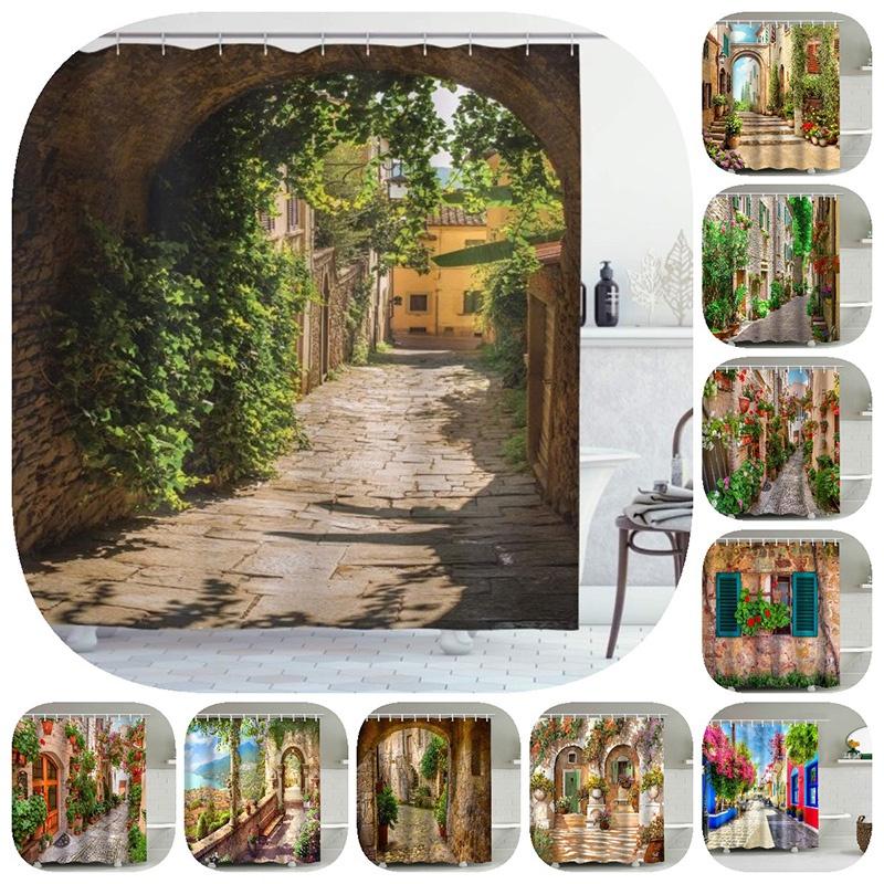 Exquisite Floral Street Duschvorhang Wasserdichter Polyester Badevorhang Für Badezimmer Deko