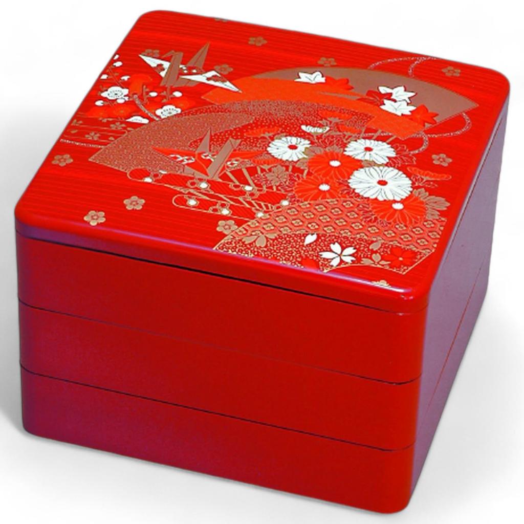 Lacquerware Jubako 3 8 Red Fan Made in Japan J-kitchens Box, Tiers, Inch, Pattern, 24cm, Resin,
