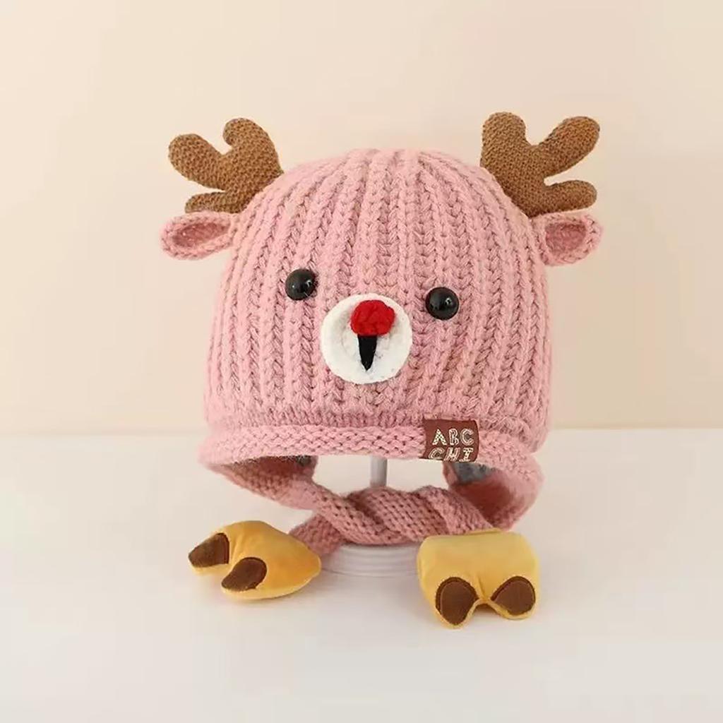 Cute Knitted Warm Baby Ear Protection Cap Christmas Elk Kids Winter Lacing Hat Outdoor Windproof Boys Girls Earmuff Beanie
