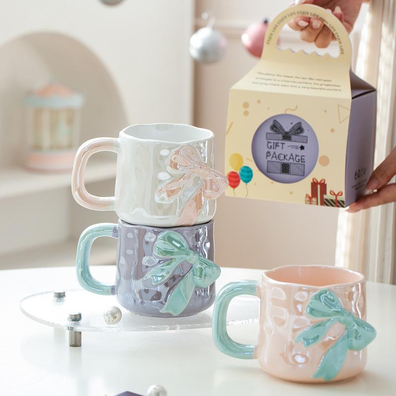 Pearlescent Glaze Bow Mug Nordic High Appearance Level Electroplated Ceramic  High End Feel  A Birthday Gift for A Girl's Best Friend
