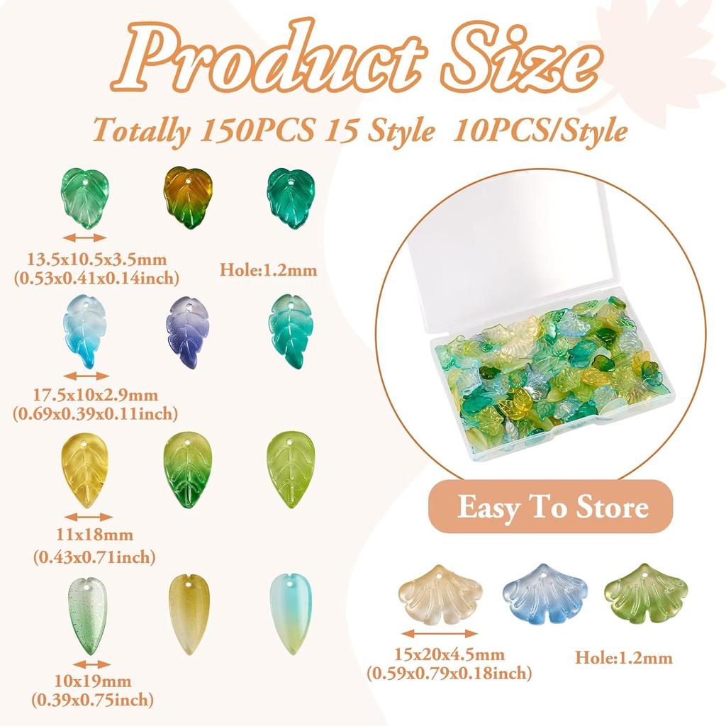 Pandahall 150Pcs Green Leaf Beads Transparent Glass Crystal Tree Leaves Pendants Tiny Green Leaf Bead Caps for DIY Spring Craft Earring Bracelet