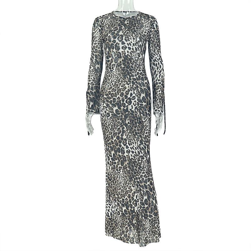 European and American Fashion Leopard Print Women's Clothing Slim Print Long Casual Round Neck Long Sleeve Celebrity Thin Dress