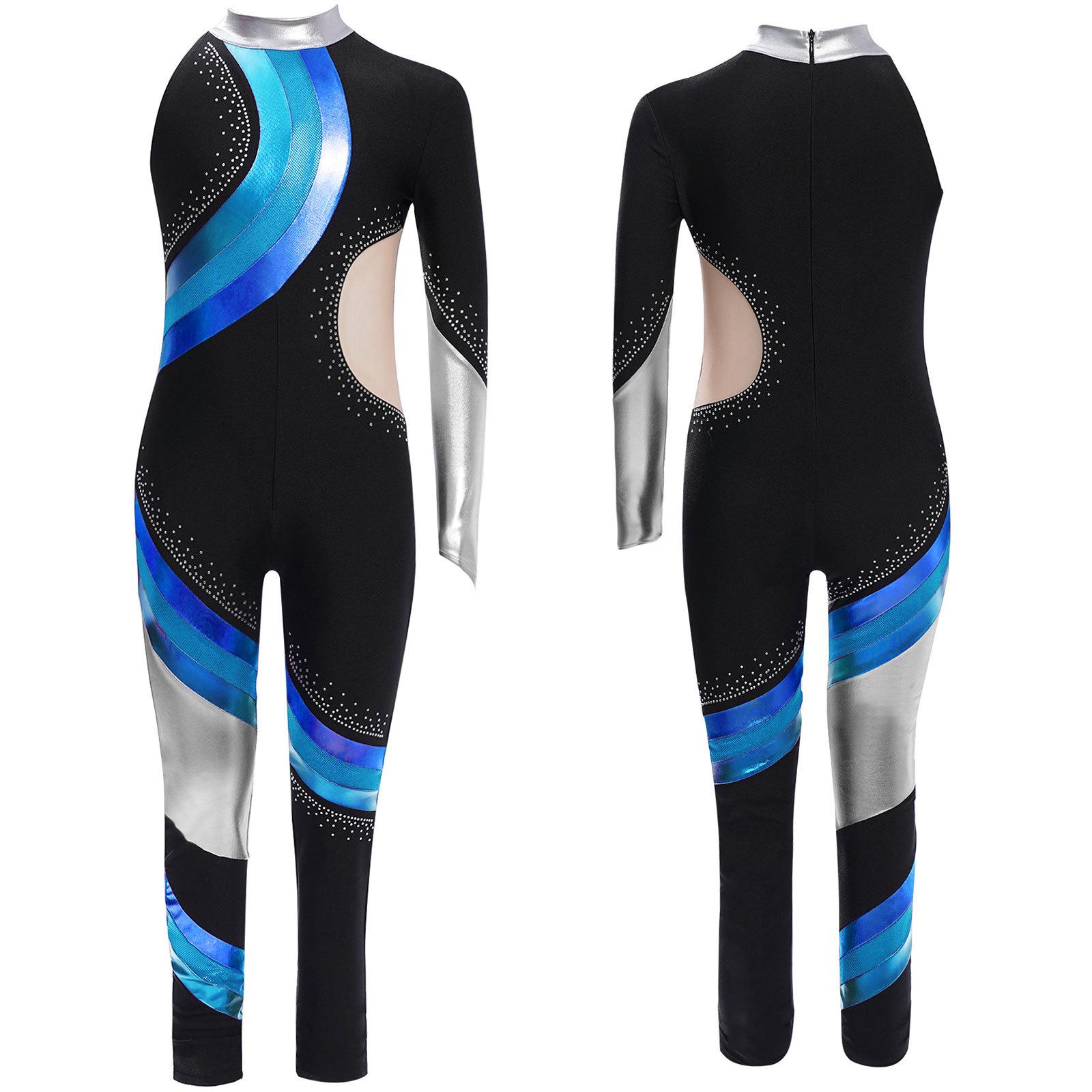 

Боди для художественной гимнастики для девочек, цветной дизайн, блестящие стразы, асимметричный купальник полной длины для сценических представлений 7-8 Years синий