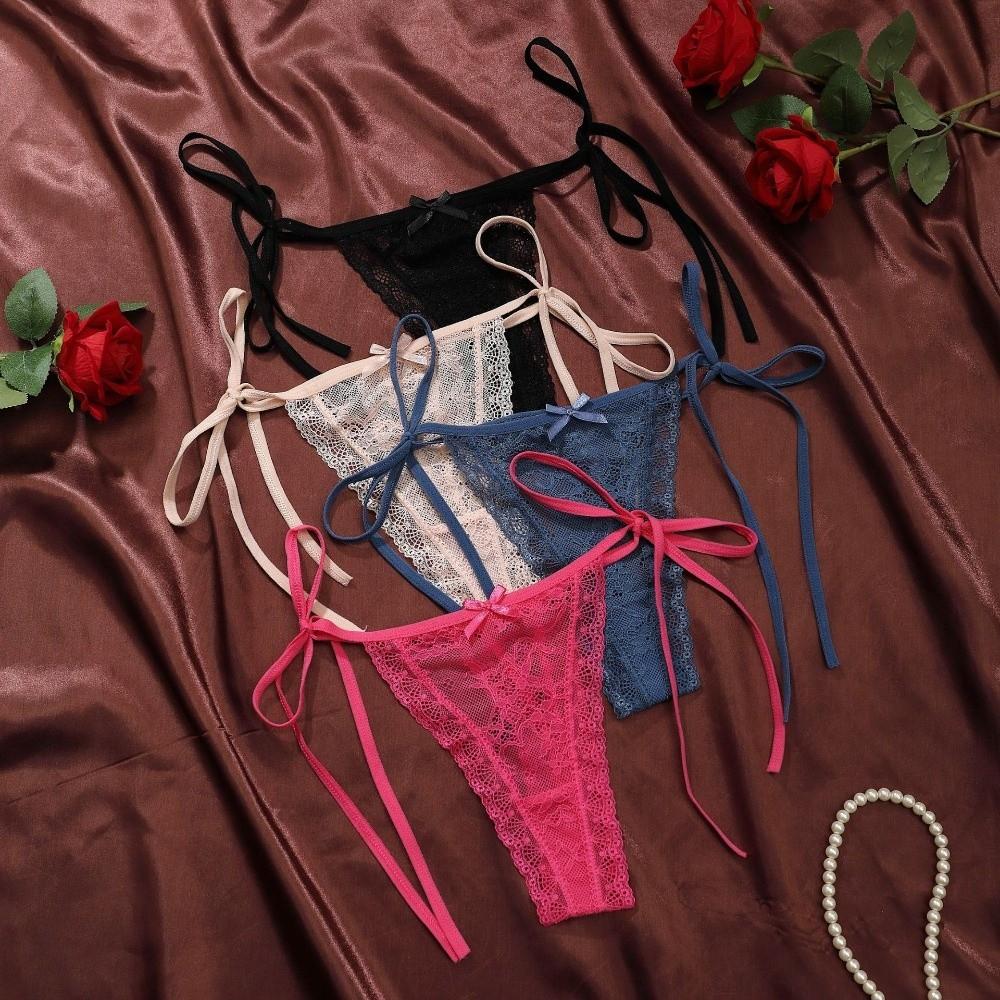 Adjustable Waist Strap Bow Lace Flower Transparent Briefs Low Waist Romantic T Panties Lady