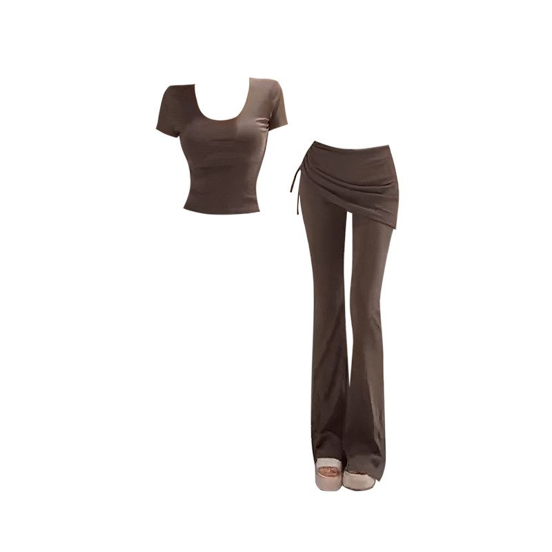 

Pure Desire Style Set: Slim Fit Round Neck Short Sleeve T-Shirt with Tie Detail and Slightly Flared Casual Pants for Women - Summer Two-Piece Set Curry color S