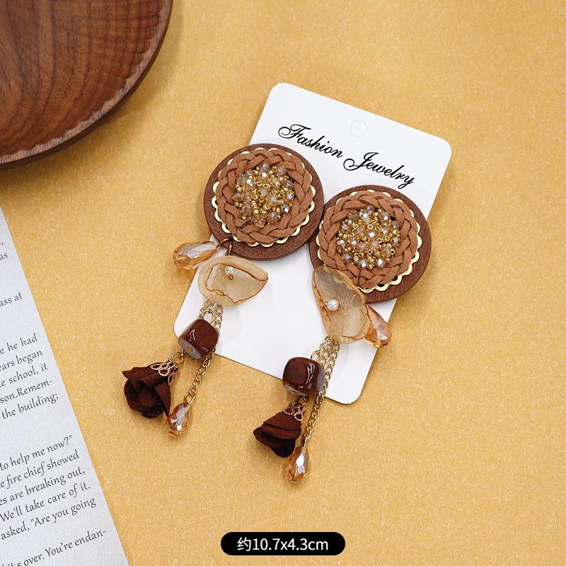 Bohemian Crystal Fringed Flower Large Circle Stud Earrings Women's Long Temperament Vacation Earrings Retro Earrings