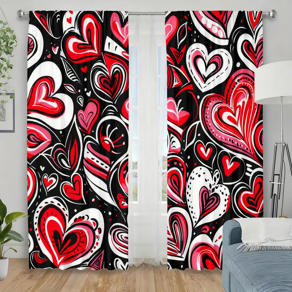 2 Stück Rote   schwarz-weiße Graffiti-Herzform-Vorhänge   lebendige Kunst   Schlafzimmer und Wohnzimmer   dekorative Stangentaschen