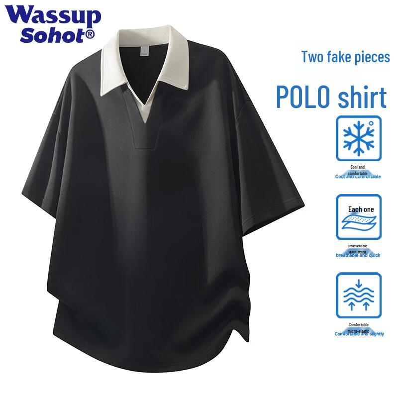 Wassup Sohot Men s Short Sleeve Fake Two-Piece Polo T-Shirt L