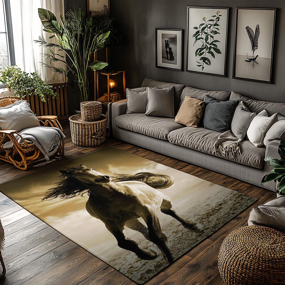 

Dynamic Horse Print Area Rug, Gray Brown Bohemian Carpet for Living Room, Soft Non-Slip Sofa Mat with Equestrian Decor 50x80cm
