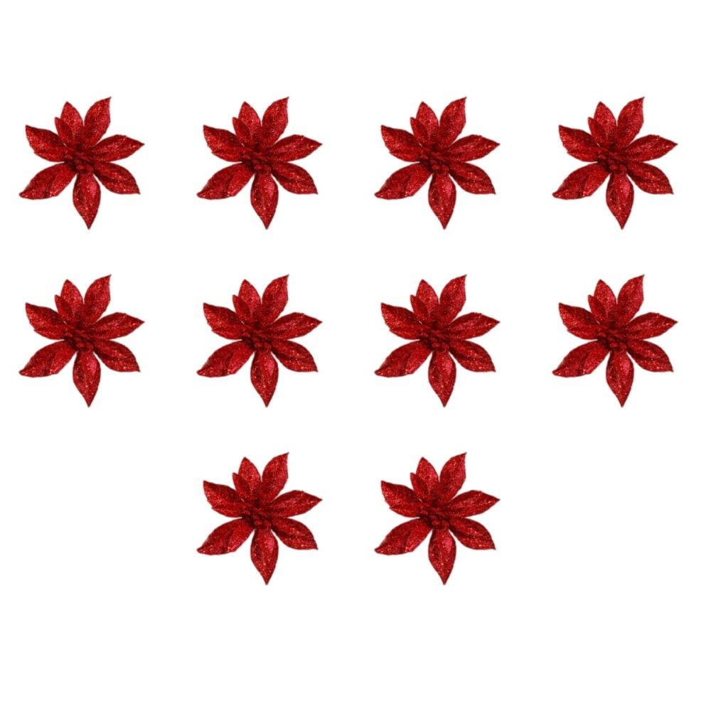 10Pcs Multi-Color Artificial Poinsettia Flowers Sequin Plastic Christmas Flowers Ornaments Holiday