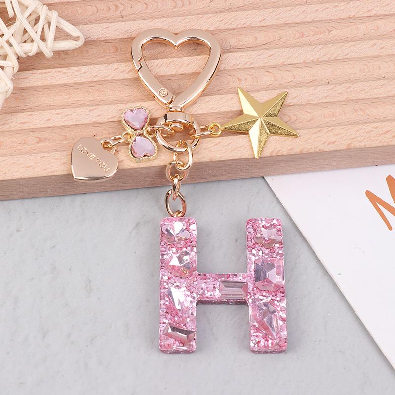 Cute  Bling Keychain A To Z Initial Letter Love Heart Star Pink For Women Girls Bag Cup Pendant Key Chain Accessories