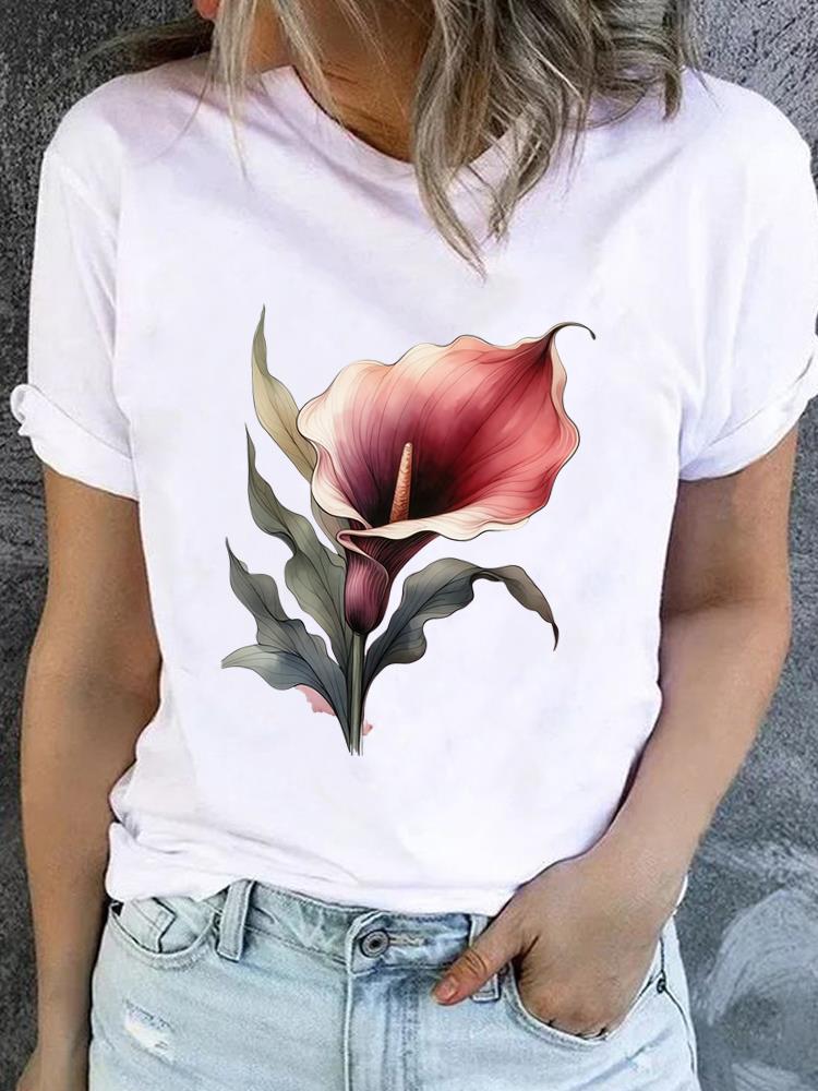 (Asian Size) Lovely Flower Style Casual Short Sleeve T Tee Top Clothing Shirt Women Printed Lady Fashion Female Graphic T-shirts